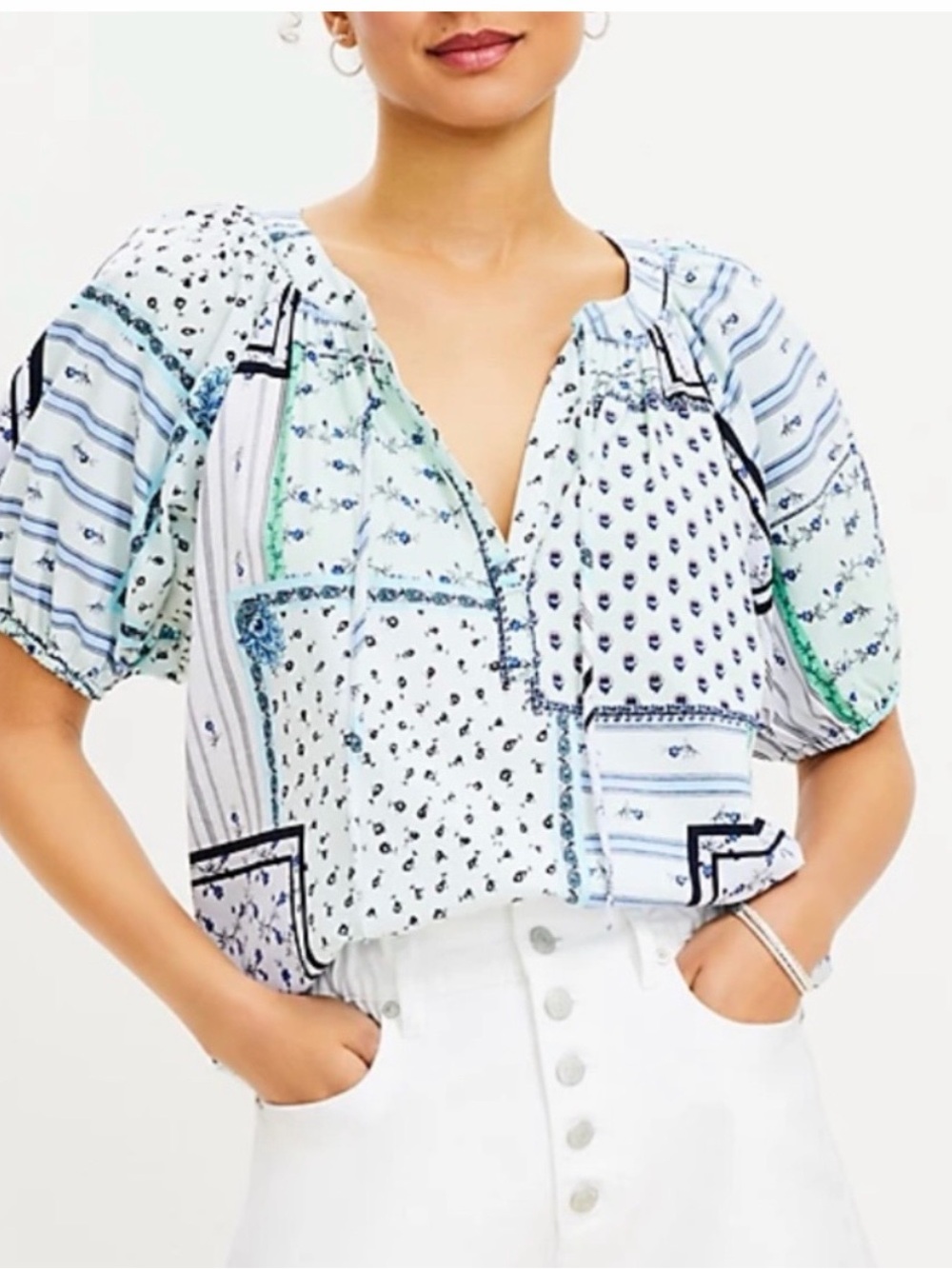 NWT Ann Taylor LOFT Patchwork Tie Neck Puff Sleeve Top